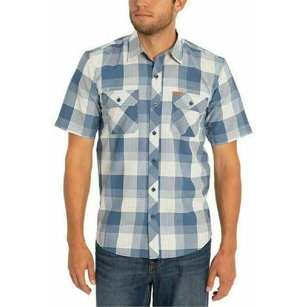 Orvis Men's L Blue Classic Plaid Short Sleeve Button Down Shirt Polyester